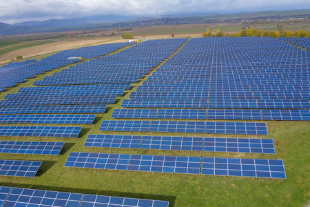 Solar panels aerial view. Solar energy modules, photovoltaic PV plant, alternative renewable energy systemの写真素材
