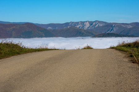 Misty morning haze in the valley in the autumn. Colorful autumn landscapeの写真素材