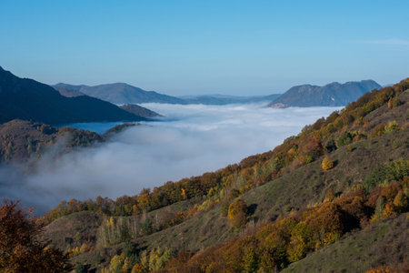 Morning mist in the mountains in a sunny autumn day. Colorful fall forestの写真素材