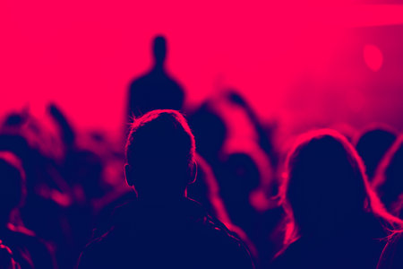 Silhouette of concert crowd in front of bright stage lights