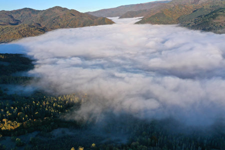 Aerial view of autumn morning mist and clouds in the valley by droneの写真素材
