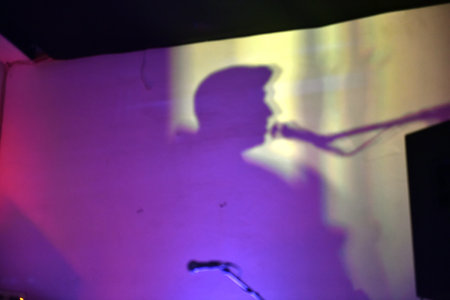 Shadow of vocalist singer head and microphone on music pub wallの写真素材