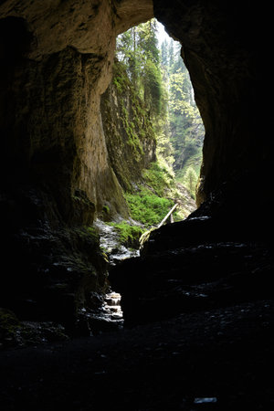Silhouette of a big cave entrance from inside, water stream flowing into caveの写真素材