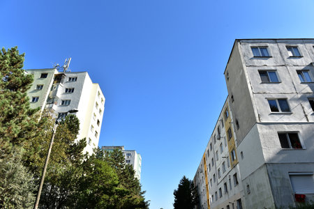 Typical facade of concrete panel building. Post Soviet flat of blocksの写真素材