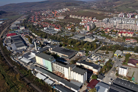 Factories in suburban industrial area aerial view by droneの写真素材