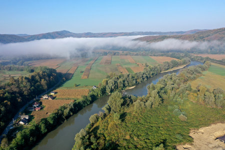 Aerial view of quiet river and forest in a misty morning by droneの写真素材