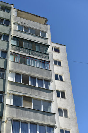 Post Soviet flat of blocks built in the Communist era, concrete apartment buildingsの写真素材