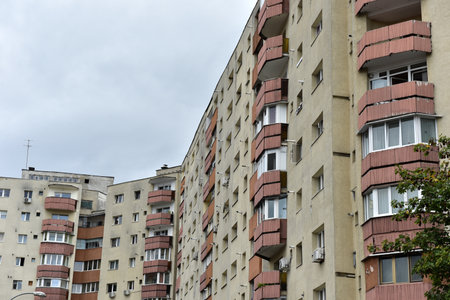 Typical facade of concrete panel building. Post Soviet flat of blocksの写真素材