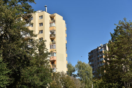 Suburban neighborhood built in communism. Post Soviet concrete flat of blocksの写真素材
