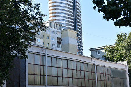 Typical facade of concrete panel building. Post Soviet flat of blocksの写真素材