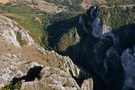 Aerial view of a deep limestone gorge, canyon. Cheile Turzii, Romaniaの写真素材