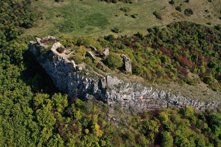 Aerial view of medieval fortification ruins, on a cliff in the forest by droneの写真素材