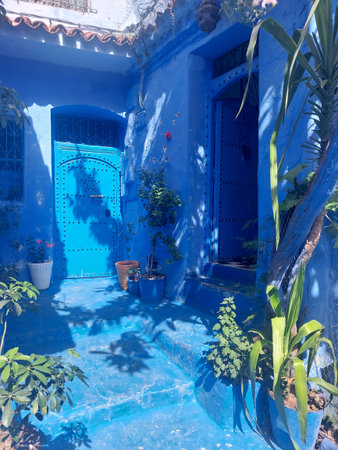 Streets and houses of Chefchaouen, Morocco painted in blue, medieval Arabic Unesco heritageの写真素材