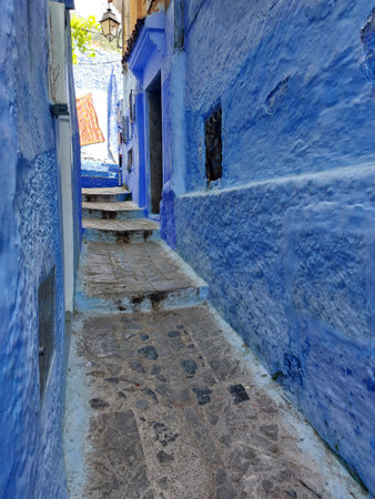 Streets and houses of Chefchaouen, Morocco painted in blue, medieval Arabic Unesco heritageの写真素材
