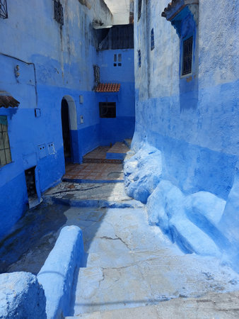 Streets and houses of Chefchaouen, Morocco painted in blue, medieval Arabic Unesco heritageの写真素材