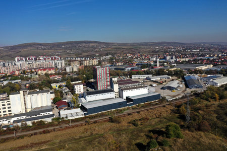 Factories in suburban industrial area aerial view by droneの写真素材