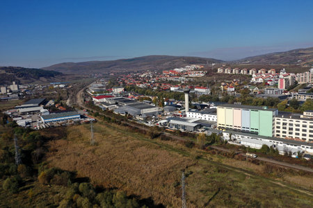 Aerial view of industrial zone and technology park buildings by droneの写真素材
