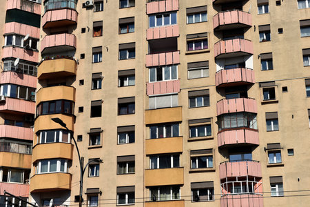 Flat of blocks from Communist period, worn out concrete buildings in Eastern Europeの写真素材