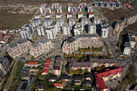 Aerial view of urban background, exterior of a new apartment buildings. Modern design of high-rise buildingsの写真素材
