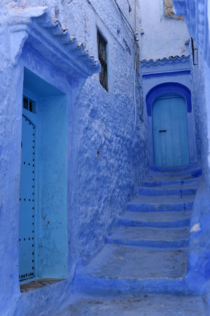 Streets and houses of Chefchaouen, Morocco painted in blue, medieval Arabic Unesco heritageの写真素材