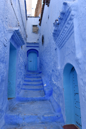 Streets and houses of Chefchaouen, Morocco painted in blue, medieval Arabic Unesco heritageの写真素材