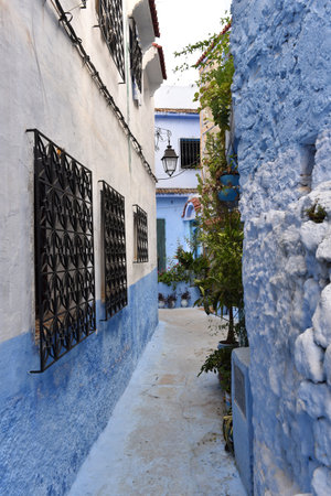 Streets and houses of Chefchaouen, Morocco painted in blue, medieval Arabic Unesco heritageの写真素材
