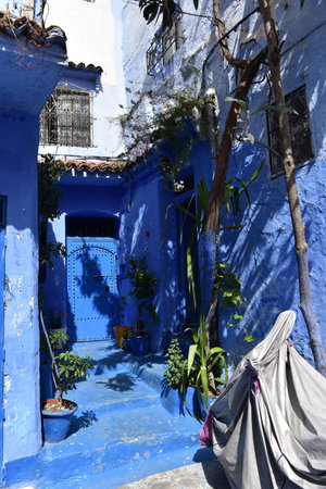 Streets and houses of Chefchaouen, Morocco painted in blue, medieval Arabic Unesco heritageの写真素材