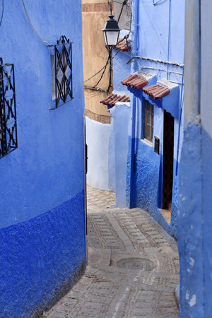 Streets and houses of Chefchaouen, Morocco painted in blue, medieval Arabic Unesco heritageの写真素材