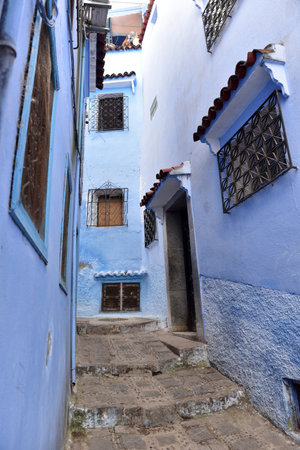Streets and houses of Chefchaouen, Morocco painted in blue, medieval Arabic Unesco heritageの写真素材