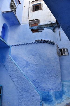 Streets and houses of Chefchaouen, Morocco painted in blue, medieval Arabic Unesco heritageの写真素材