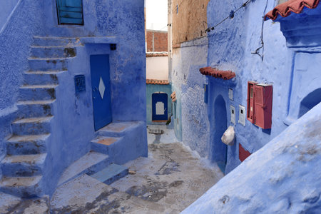 The blue city of Chefchaouen, Morocco. Houses of old medina painted in blueの写真素材