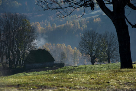 Mountain homestead in the autumn. Countryside thatched roof houses, barn, lodge. Transylvania, Romaniaの写真素材