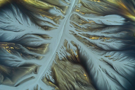 Abstract natural colorful patterns of acid mine drainage in decanting lake aerial view by drone