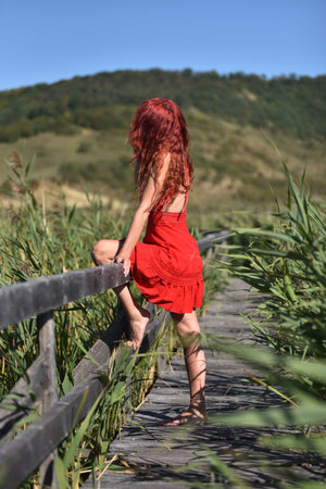 Woman with red hair in red dress walking through scenic natural wetland wooden pathwayの写真素材