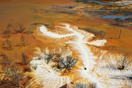 Patterns of acid mine drainage in decanting lake, nature pollution, aerial view by droneの写真素材