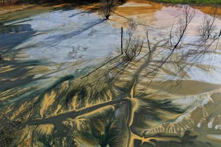 Patterns of acid mine drainage in decanting lake, nature pollution, aerial view by droneの写真素材