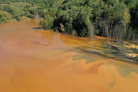Patterns of acid mine drainage in decanting lake, nature pollution, aerial view by droneの写真素材
