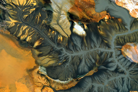 Aerial view of acid mine water drainage flow, toxic mine waters polluting the environmentの写真素材
