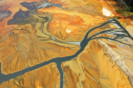 Aerial view of colorful contaminated cyanide residuals waters from gold mine. Abstract nature pattern by droneの写真素材