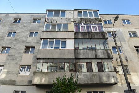 Post Soviet flat of blocks built in the Communist era, concrete apartment buildingsの写真素材