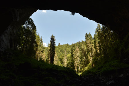 Cave entrance silhouette from inside. Mysterious view from undergroundの写真素材