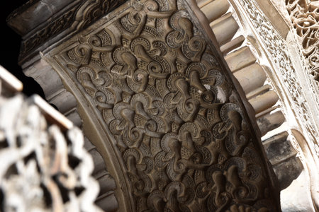 Carved stone gate arch, carved wooden archtectural details, Marinid architecture, Medersa bou Inania, Fez, Moroccoの写真素材