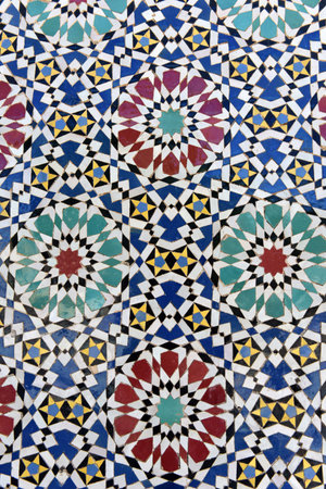 Moroccan Islamic mosaic decorative tilework, zellige in Fes, Moroccoの写真素材