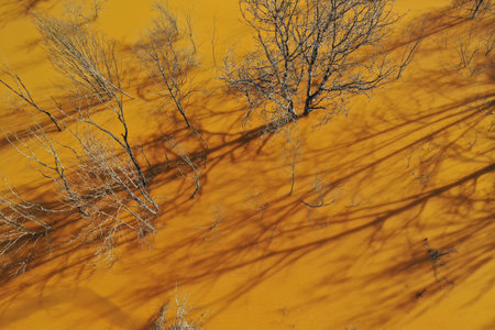Ecological catastrophe nature pollution concept. Aerial view of abstract natural patterns. Acid mine...