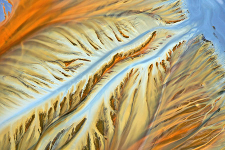 Aerial view of abstract natural patterns. Acid mine drainage water background by drone
