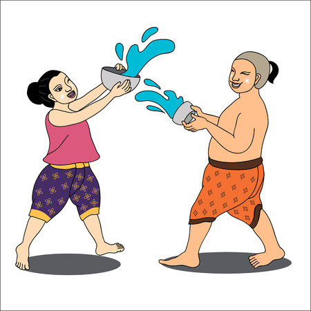 Thai girl and boy enjoy splashing water in Thai new year's Day,Thailand-illustration, Songkran Festival-illustrationのイラスト素材