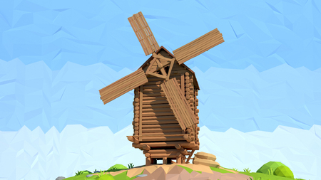 Isometric low poly windmill, 3D rendering, illustrationの写真素材