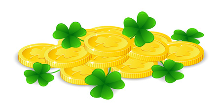 Golden coins with four leaf clover, vector illustration, for St. Patricks dayのイラスト素材