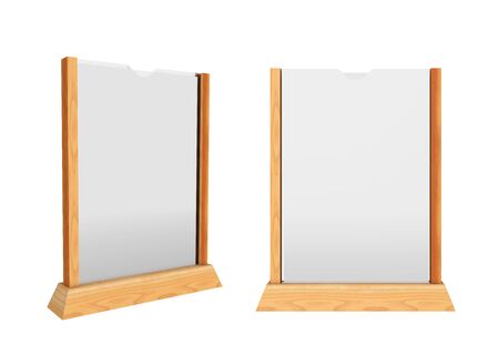 Plastic plate in wooden holder. 3d render isolated on white background. Illustrationの写真素材