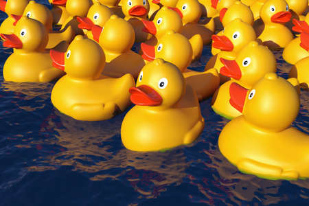 Many rubber ducks in the water, 3D renderの写真素材